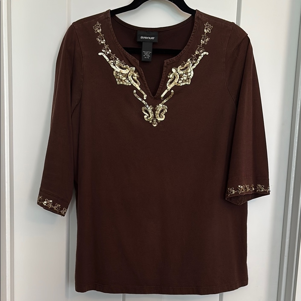 Avenue Brown Tunic with Embellished 3/4 Sleeves